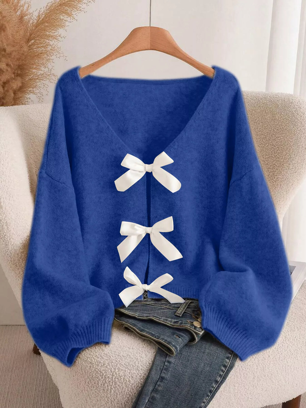 Bow-knot Front V-Neck Knit Cardigan