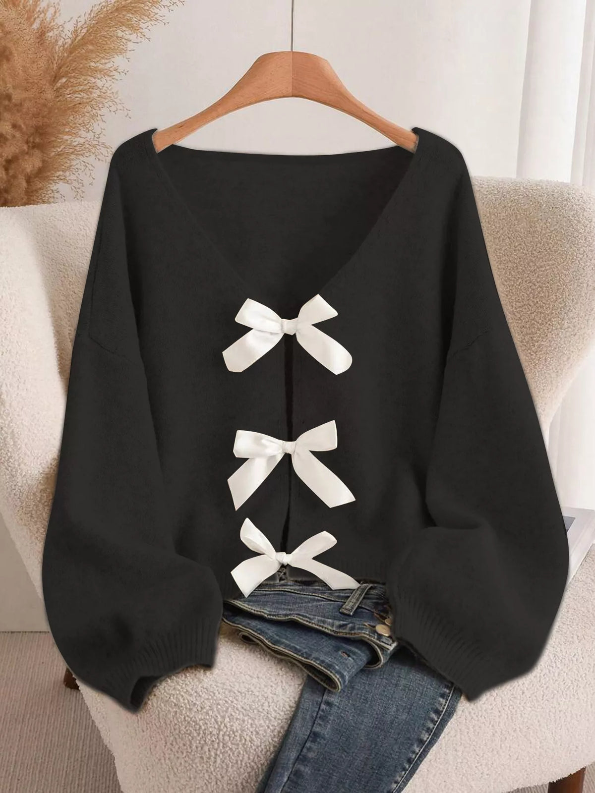 Bow-knot Front V-Neck Knit Cardigan