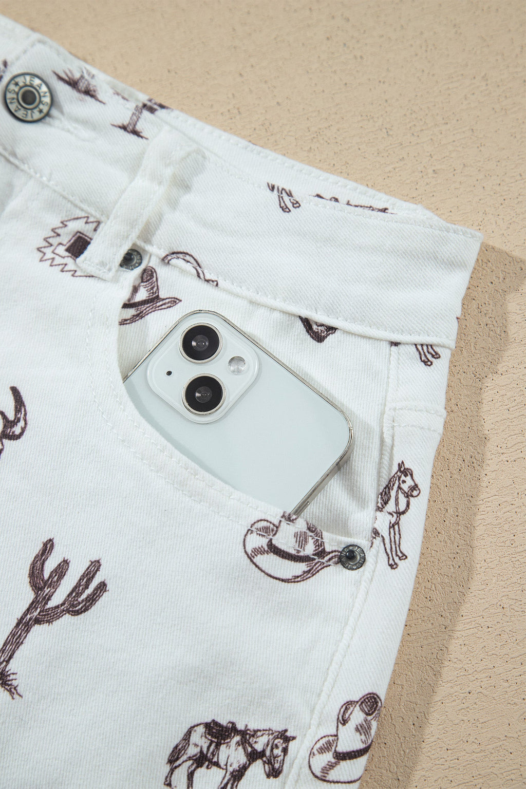 White Western Print Cactus Horse Bull Denim Skirt