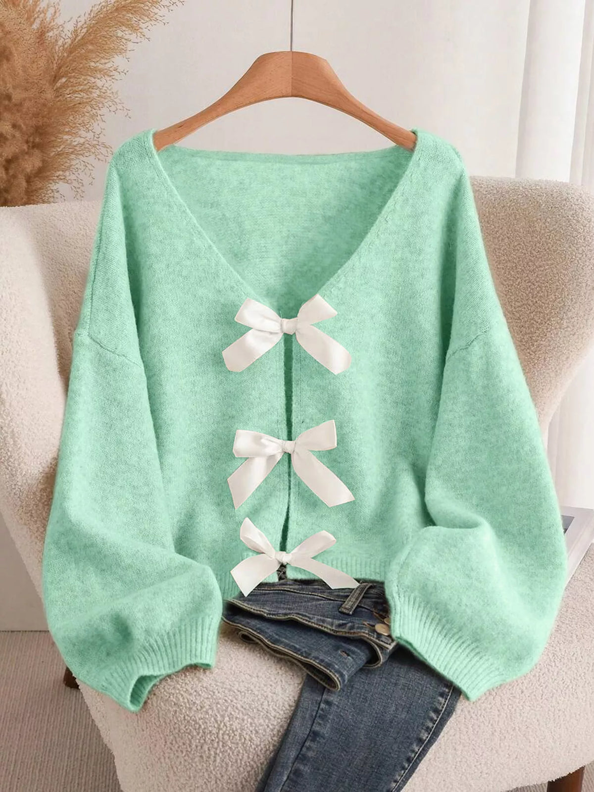 Bow-knot Front V-Neck Knit Cardigan
