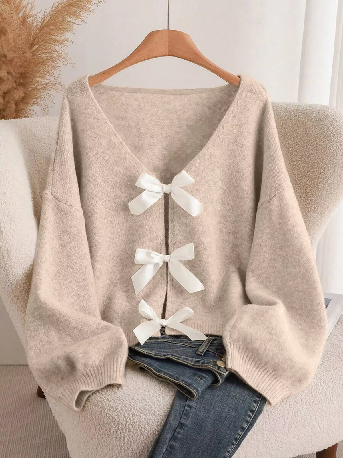 Bow-knot Front V-Neck Knit Cardigan