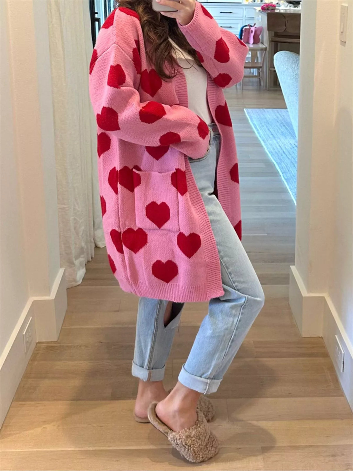 Heart Pattern Open Front Cardigan