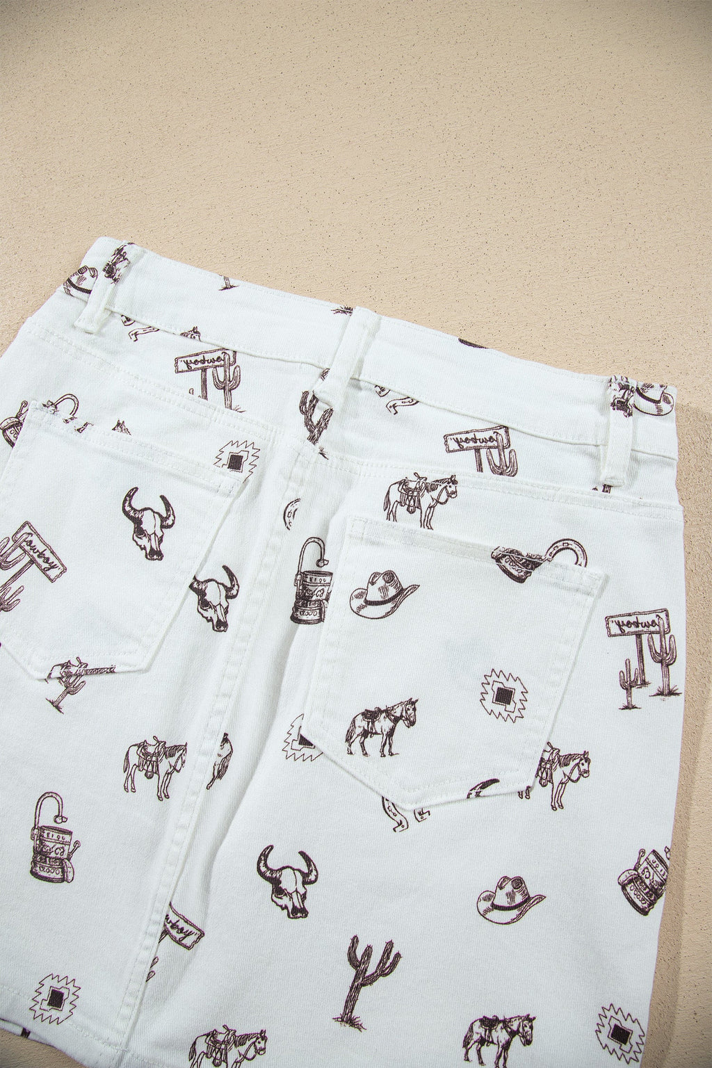 White Western Print Cactus Horse Bull Denim Skirt