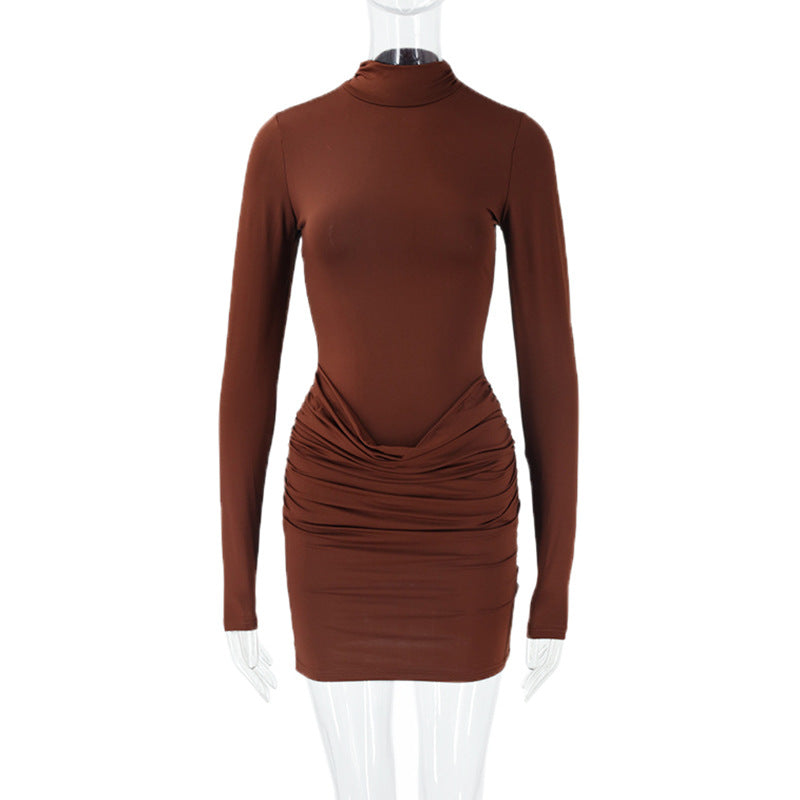 Autumn Sexy Sexy Dress Stand Collar Long Sleeve Pleated Slim Fit Niche Short Dress