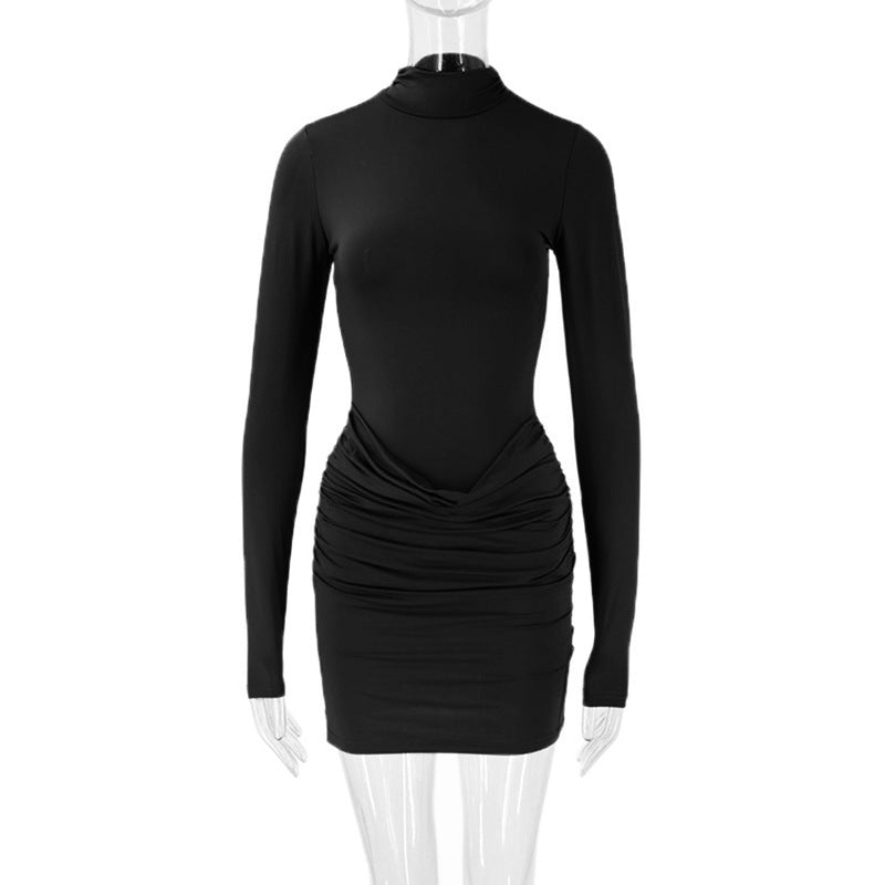 Autumn Sexy Sexy Dress Stand Collar Long Sleeve Pleated Slim Fit Niche Short Dress