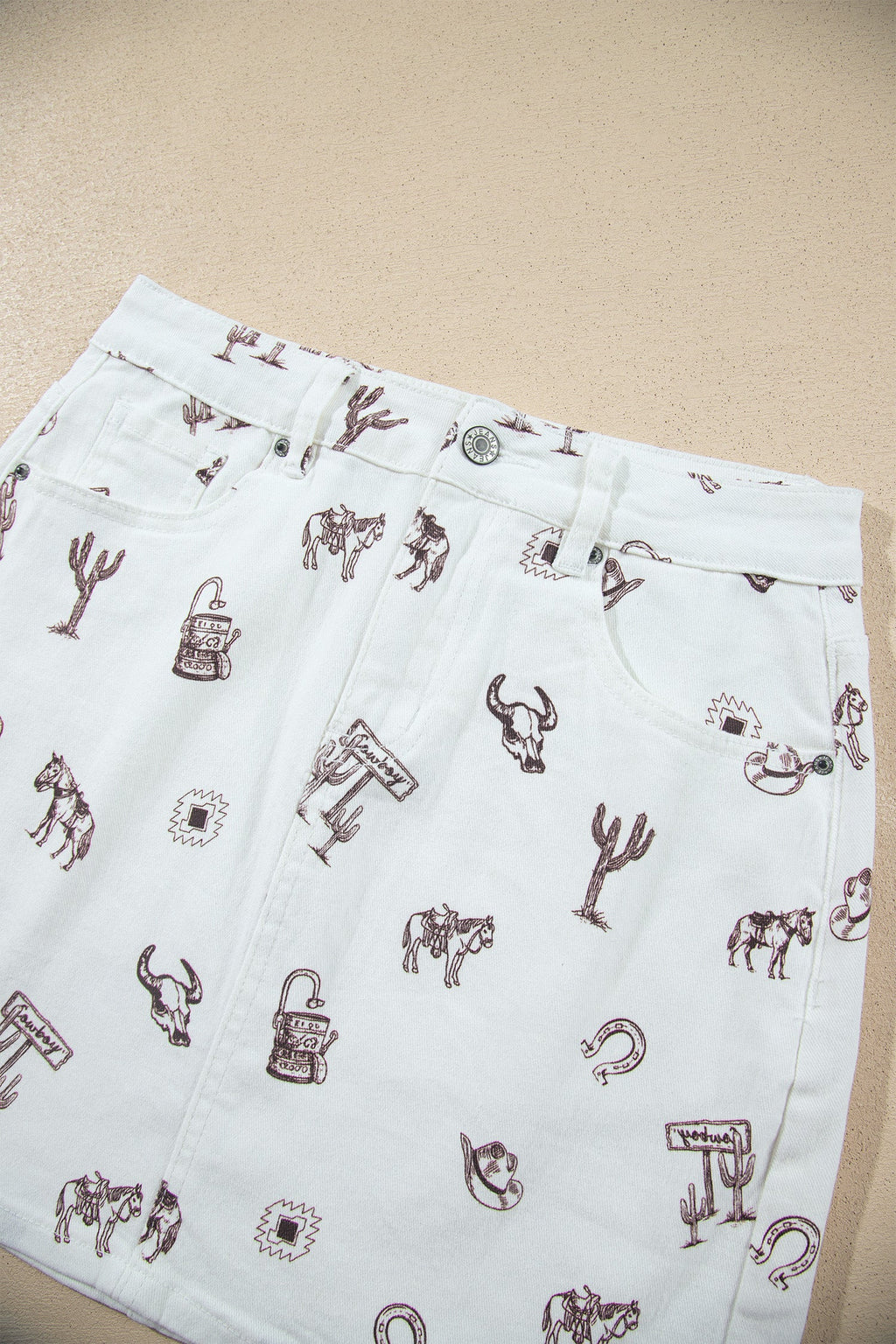 White Western Print Cactus Horse Bull Denim Skirt