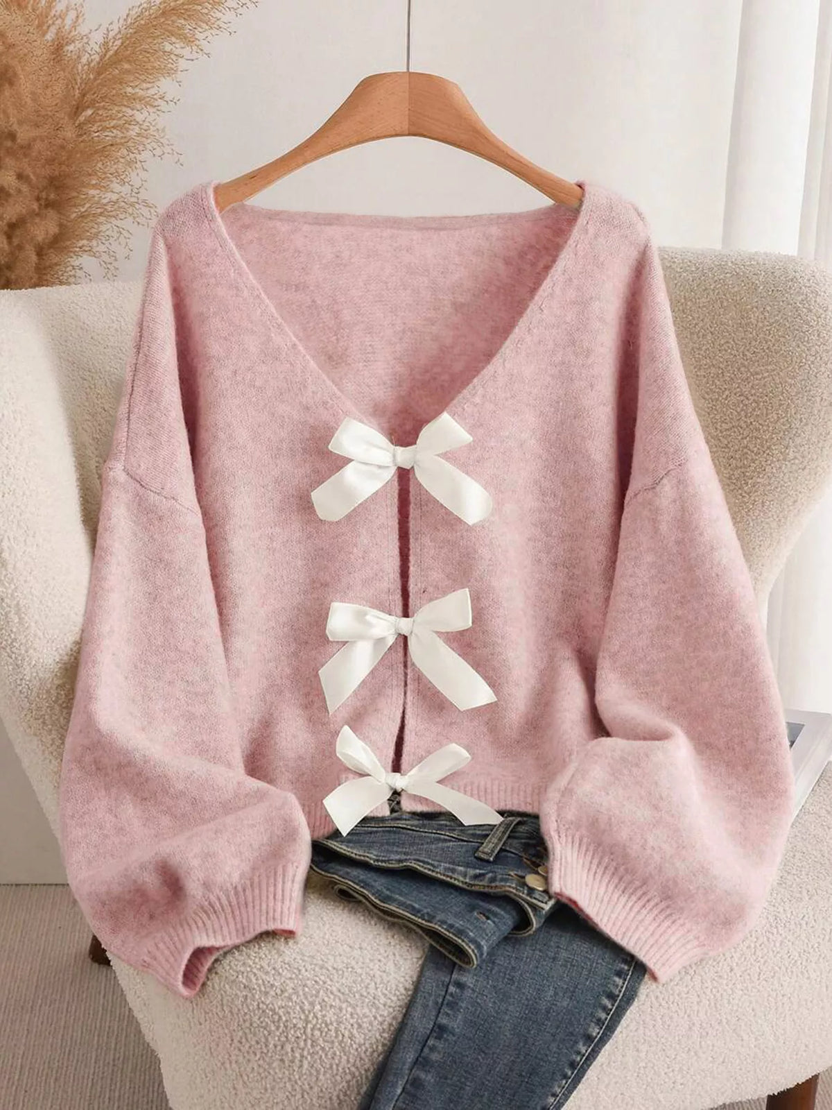 Bow-knot Front V-Neck Knit Cardigan