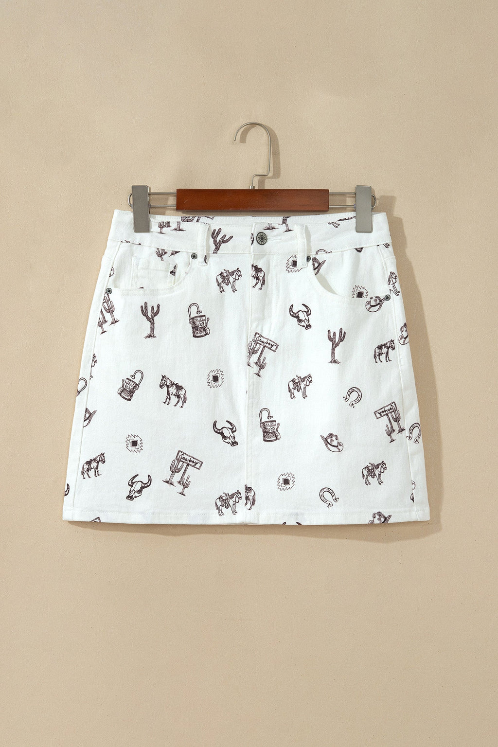 White Western Print Cactus Horse Bull Denim Skirt