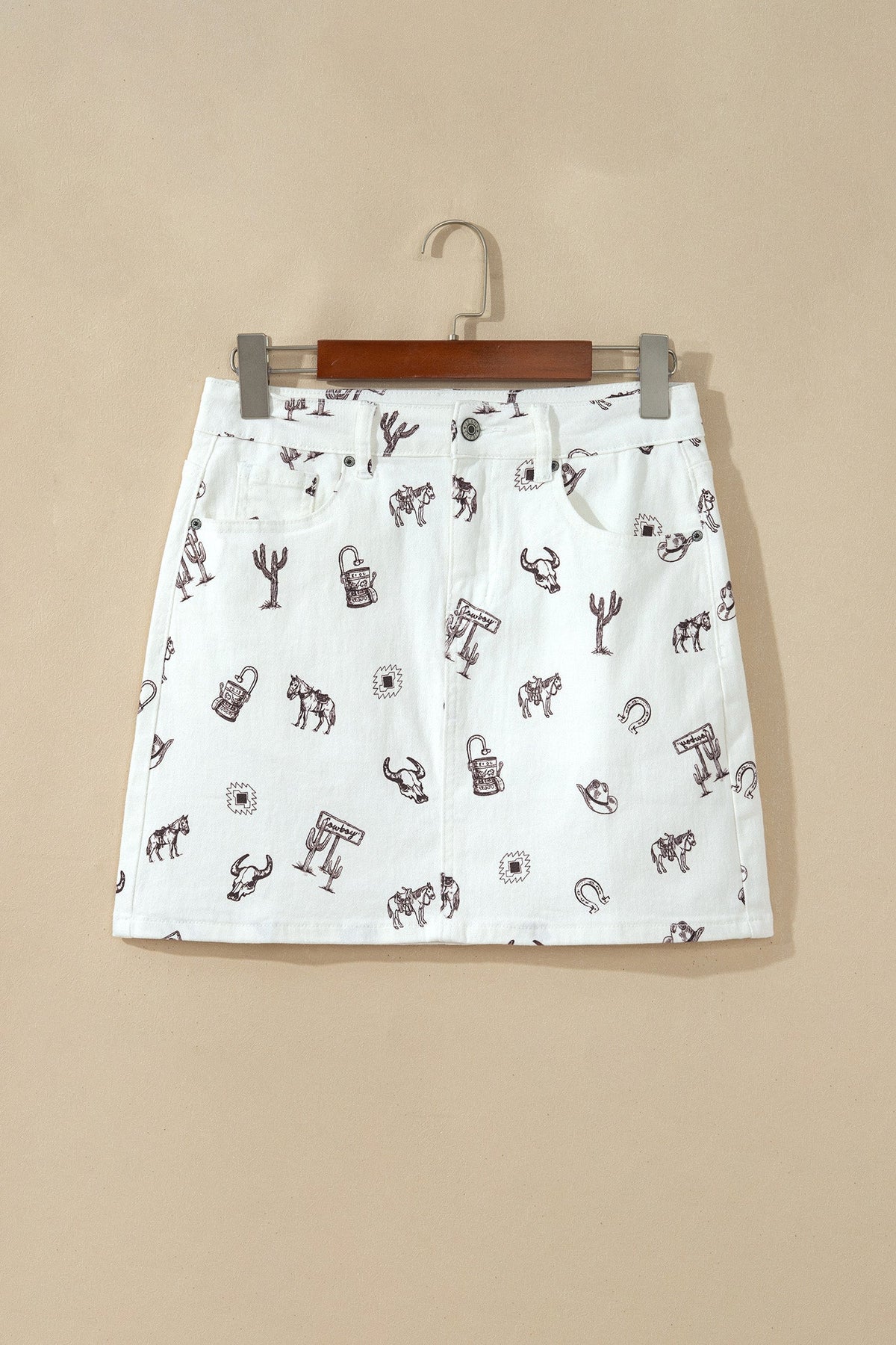White Western Print Cactus Horse Bull Denim Skirt